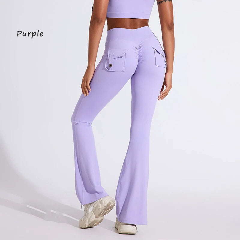 High Waist Flared Yoga Pants for Women – Butt-Lifting Fitness Leggings with Utility Pockets