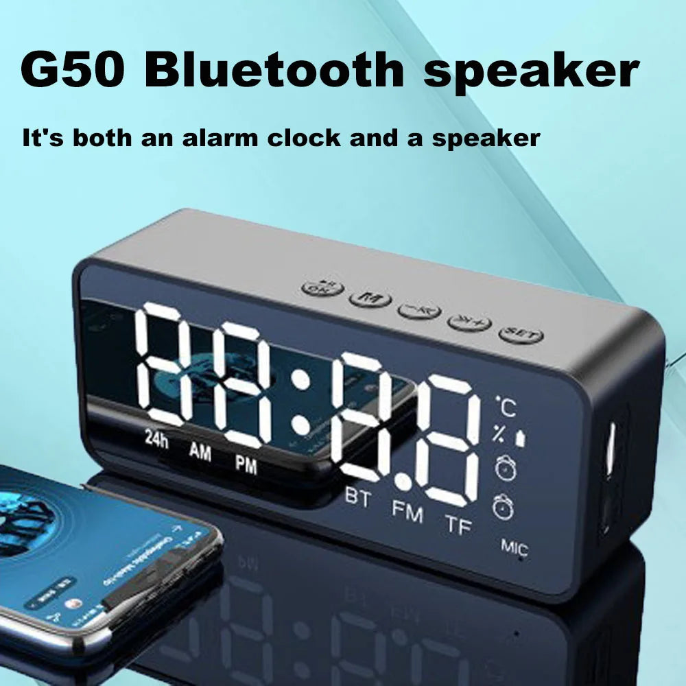 G50 Bluetooth Speaker with FM Radio, Mirror Alarm Clock & TF Card Support – Portable Wireless Audio for Home