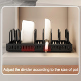 Organizador deslizante para tapas de ollas y sartenes: estante de almacenamiento ajustable para gabinetes de cocina con 8 divisores