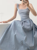 Women's Patchwork Knit Maxi Dress - Sleeveless A-Line Summer Dress with Square Neck