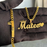 Custom Crown Name Jewelry Set - Personalized Stainless Steel Necklace & Bracelet Gift