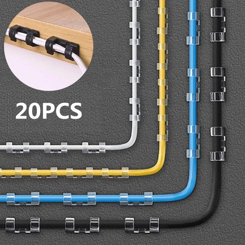 Organizadores de cables USB con clips, enrollador de cables y soporte para auriculares, ratón y gestión de cables, ganchos adhesivos para escritorio