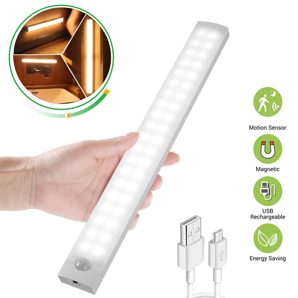 Luz nocturna LED con sensor de movimiento: recargable por USB, montaje magnético y de bajo consumo para emergencias y uso doméstico