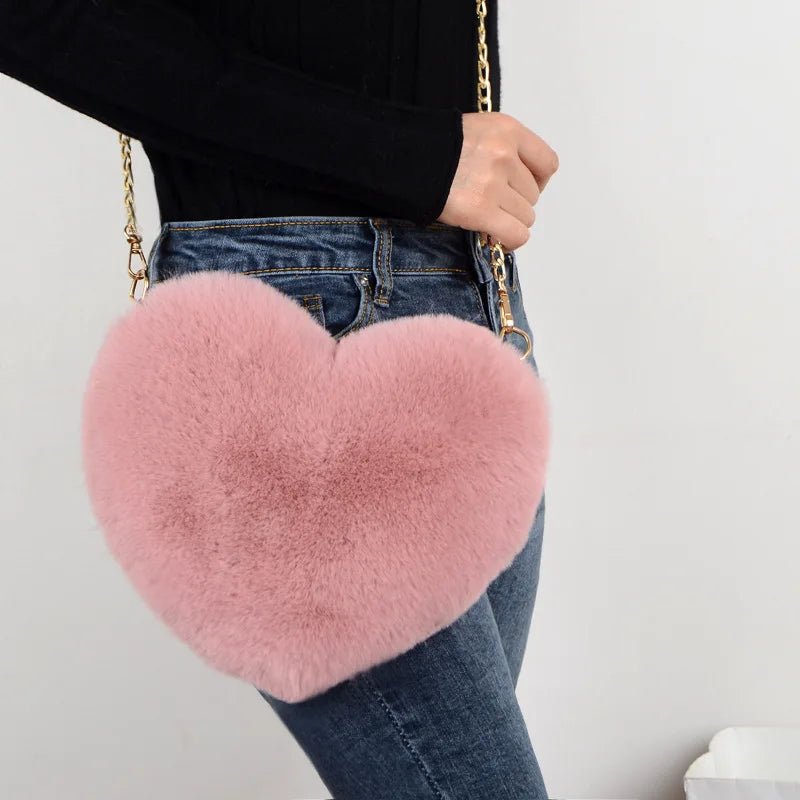 Heart-Shaped Faux Fur Shoulder Bag – Soft Plush Crossbody for Women