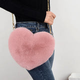 Heart-Shaped Faux Fur Shoulder Bag – Soft Plush Crossbody for Women