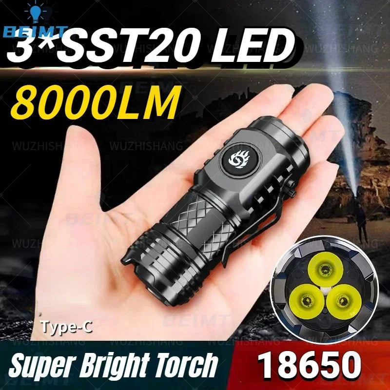 Linterna LED 3*SST20 de alta calidad 18350, superbrillante, recargable por USB, resistente al agua, con clip para tapa, para senderismo y acampada