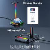 Soporte para auriculares New Bee Z12 RGB con cargador inalámbrico: soporte de escritorio para auriculares para juegos con puertos USB
