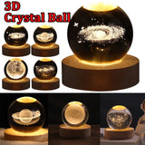 3D Solar System Crystal Night Light - USB-Powered Galaxy Lamp with Wooden Base