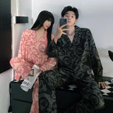 Men’s & Women’s Ice Silk Pajama Set – Breathable Printed Nightwear with Full Sleeves & Turn-Down Collar