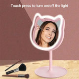 Portable LED Makeup Mirror with Cartoon Cat Design – Illuminated Cosmetic Mirror for Home & Travel
