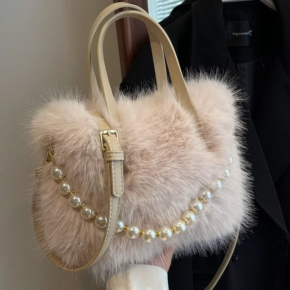 Elegant Plush Pearl-Decorated Handbag for Women – Stylish Autumn & Winter Fashion Tote