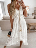 Lace White Backless Maxi Dress for Women - Summer V-Neck Sleeveless Bohemian