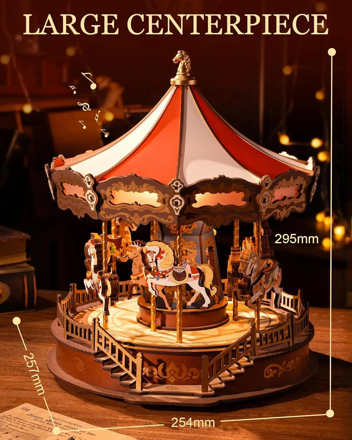 3D Wooden Carousel Music Box - DIY Rotating Model Kit with LED Lights & Classical Music