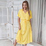 Women’s Vintage Floral Print Boho Dress – Casual Short Sleeve Mid-Calf Shirt Dress