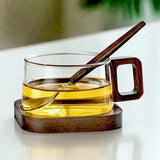 Taza de café de vidrio resistente al calor de 200 ml: taza para café con leche con bandeja y cuchara de madera