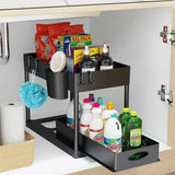 Organizador de 2 niveles debajo del fregadero: estante de almacenamiento deslizante con ganchos y taza para colgar