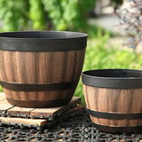 Classic Whiskey Barrel Resin Planter with Drainage Holes for Indoor & Outdoor Use