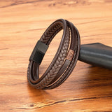 Hand-Woven Leather Bracelet with Stainless Steel Magnetic Buckle for Men