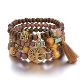 Juego de pulseras con diseño de árbol de la vida estilo bohemio para mujer, con borlas a la moda, cuentas de madera, cadena elástica, joyería de fiesta moderna para niña