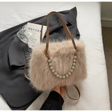 Elegant Plush Pearl-Decorated Handbag for Women – Stylish Autumn & Winter Fashion Tote