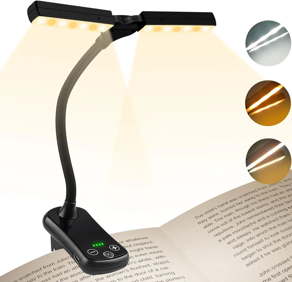 USB Rechargeable Book Light - 3 Color Modes, 8 Brightness Levels, Eye-Care Reading Lamp