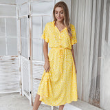 Women’s Vintage Floral Print Boho Dress – Casual Short Sleeve Mid-Calf Shirt Dress