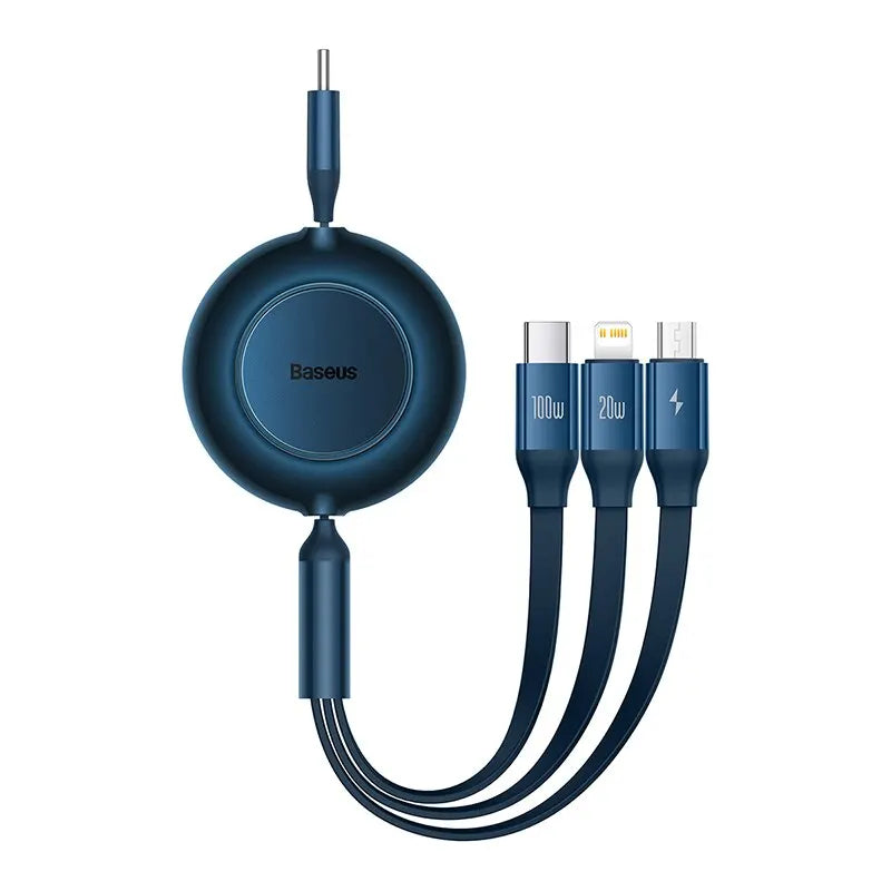 Retractable 3-in-1 Fast Charging Cable – 100W High-Speed USB-C, Lightning, Micro USB