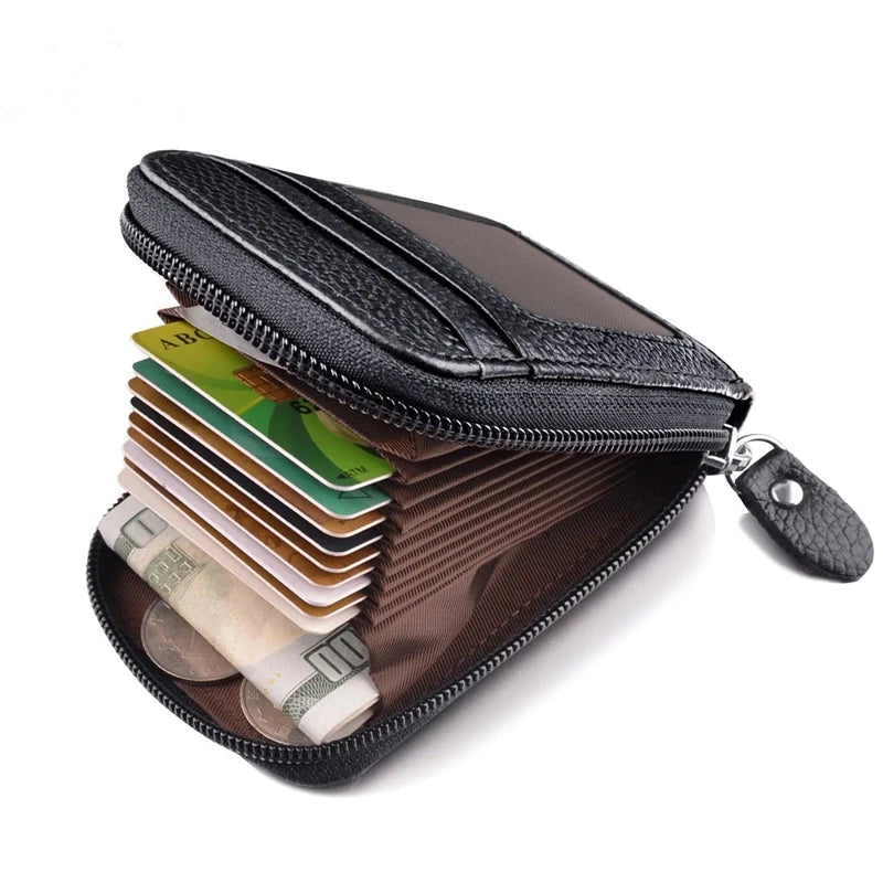 Slim Genuine Leather RFID Wallet – Zipper Card Holder for Men with 11 Slots