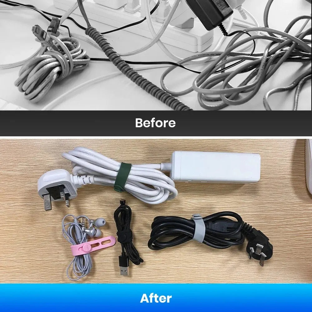 Silicone cable ties – tangled cables before, tied cables after