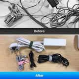 Silicone cable ties – tangled cables before, tied cables after