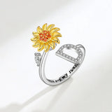 Sunflower Spinner Ring - Stainless Steel Initial Letter Anxiety Relief Jewelry for Women