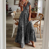 Women's Floral Print A-Line Dress with Petal Sleeves – Summer V-Neck Maxi Dress