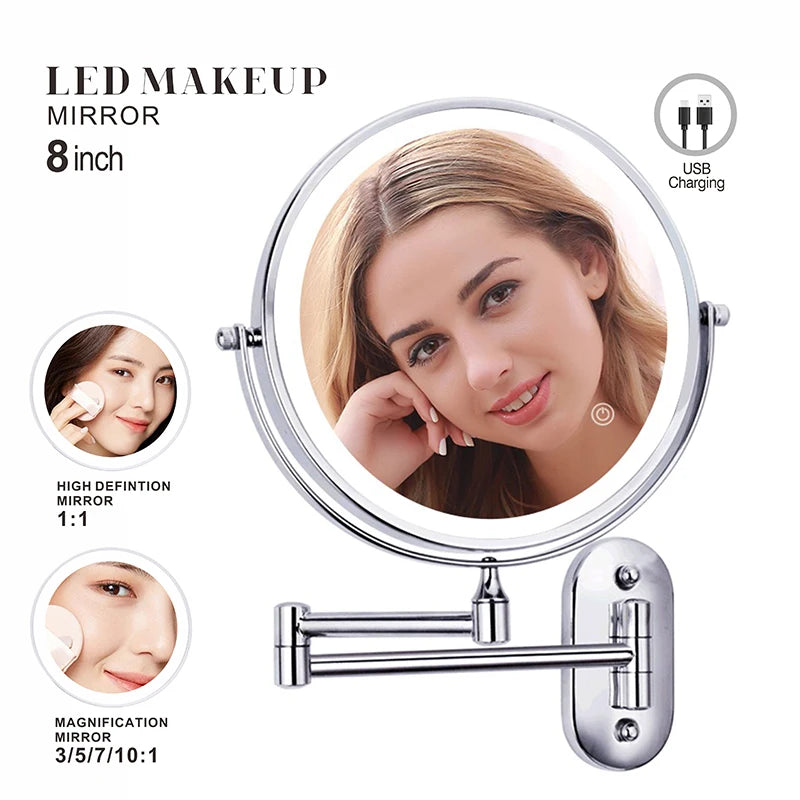 Wall-Mounted LED Makeup Mirror with Magnification and Dual-Sided Swivel