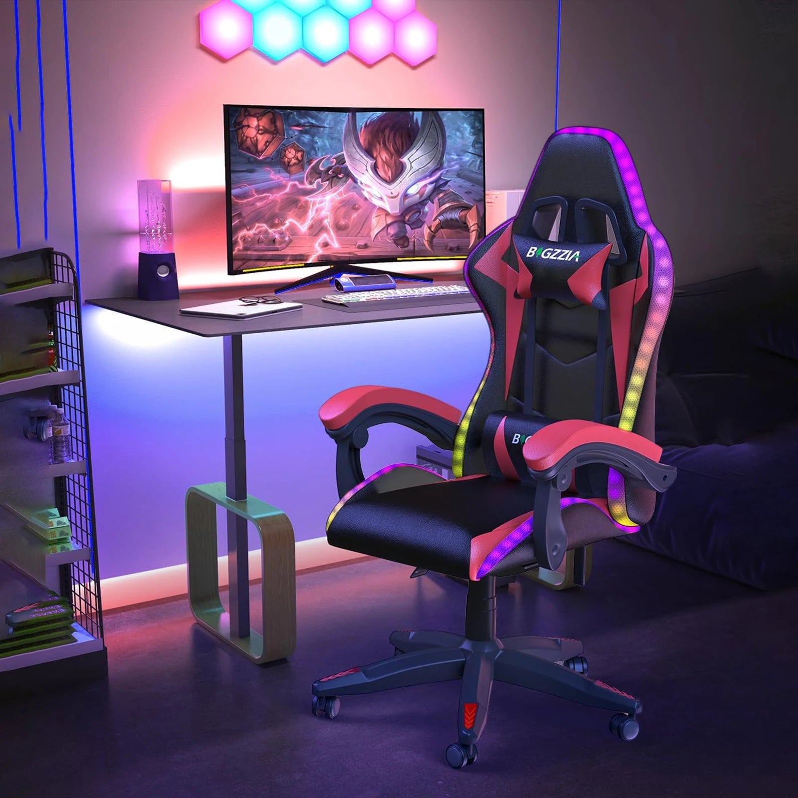 RGB Gaming Chair with LED Lights, Ergonomic Reclining PU Leather Office Chair