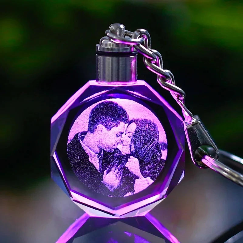 Colorful LED Crystal Keychain with Laser-Engraved Love Design