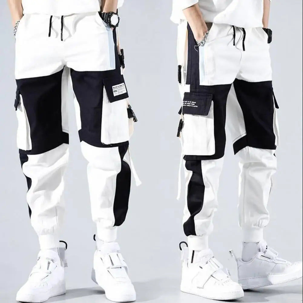 Men’s Multi-Pocket Cargo Pants – Color Block, Elastic Waist, Hip Hop Streetwear for Fall & Winter