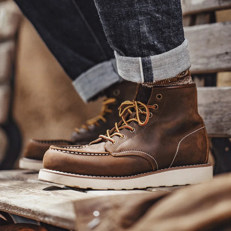 Men’s Retro Ankle Boots with Lace-Up Closure – Genuine Leather Winter Work Boots