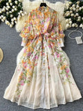 Women's Flowy Chiffon Maxi Dress with Lantern Sleeves & Floral Print