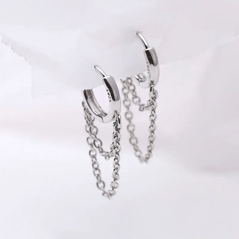 925 Sterling Silver Double Layer Tassel Hoop Earrings – Trendy Cold Style Fashion Jewelry for Women