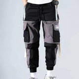 Men’s Multi-Pocket Cargo Pants – Color Block, Elastic Waist, Hip Hop Streetwear for Fall & Winter