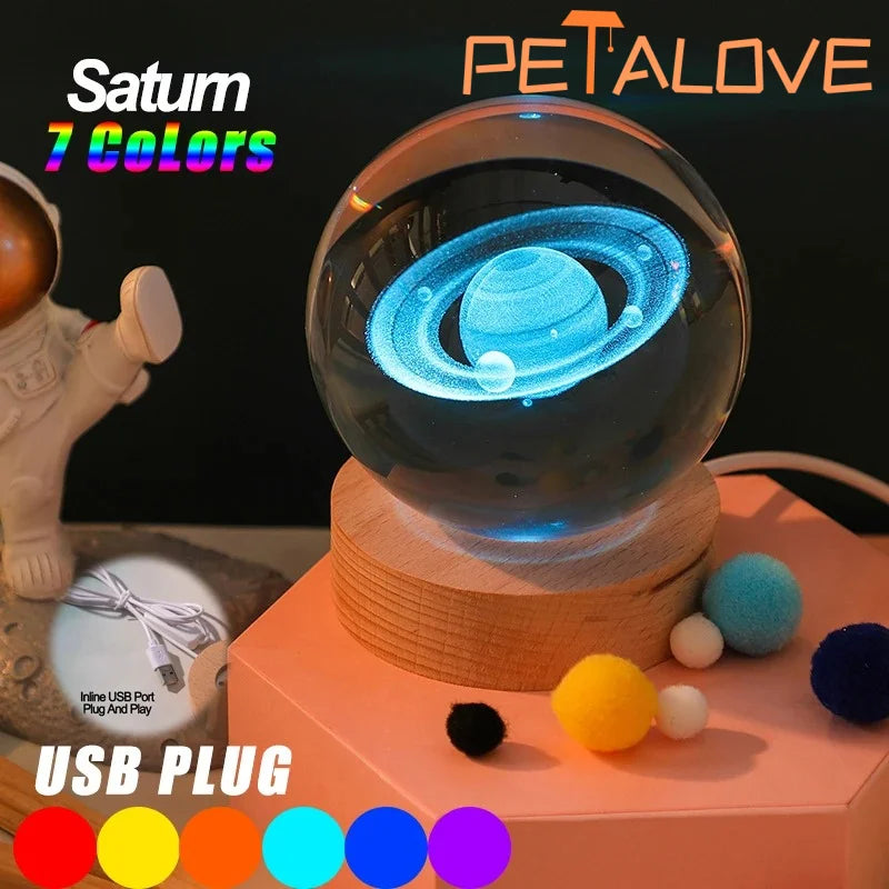 3D Solar System Crystal Night Light - USB-Powered Galaxy Lamp with Wooden Base