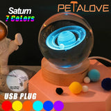 3D Solar System Crystal Night Light - USB-Powered Galaxy Lamp with Wooden Base