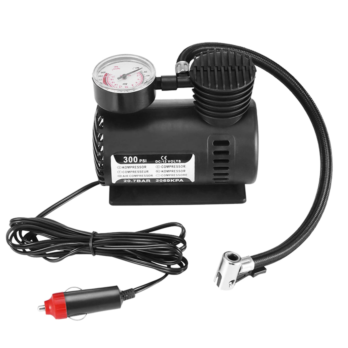 300PSI 12V Portable Mini Air Compressor – Electric Tire Inflator Pump for Car, Bike, Motorcycle, and Sports Equipment