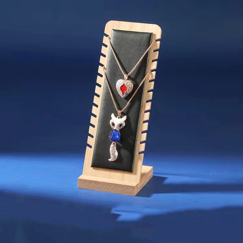 Expositor vertical de joyas de bambú: elegante organizador de cuero y madera para collares, anillos y pendientes