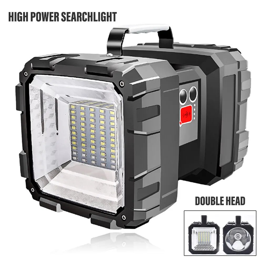 Foco LED recargable de alta potencia: linterna de doble cabezal resistente al agua para uso en campamentos y emergencias