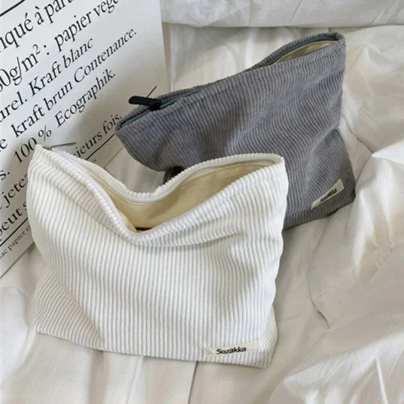 Bolsa de maquillaje de viaje de pana: organizador de cosméticos elegante y espacioso