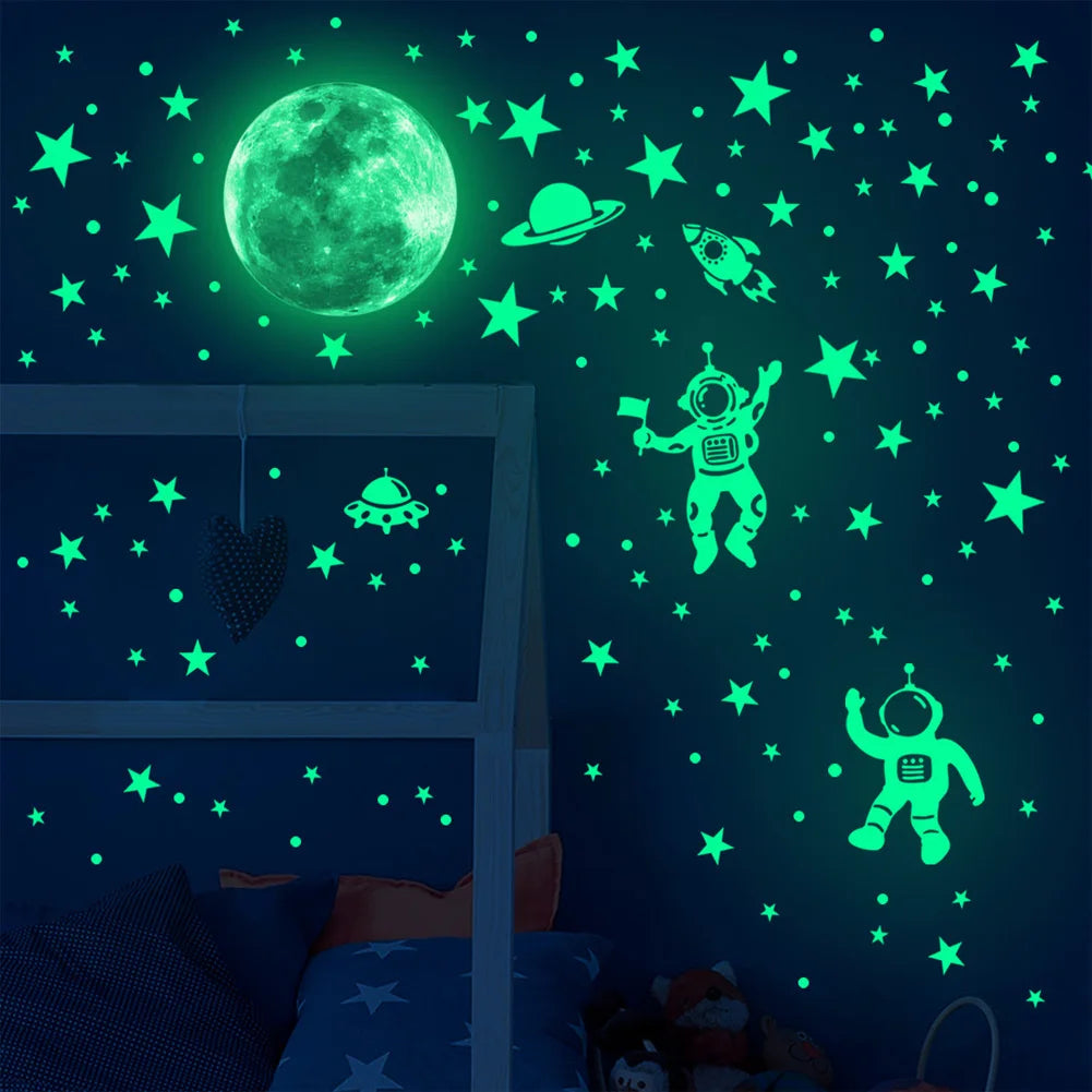 Glow-in-the-Dark Astronaut Wall Stickers – Luminous Moon & Star Decals for Kids' Room & Home Decor