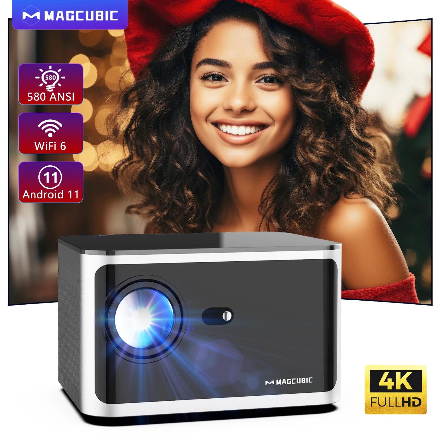 Proyector Full HD 1080P con Android 11, 580 lúmenes ANSI, WiFi6, Bluetooth 5.0 y compatibilidad con 4K para cine en casa