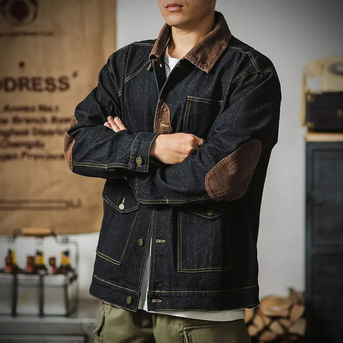 Vintage Men’s Patchwork Denim Jacket – Detachable Streetwear Outerwear for Spring & Autumn