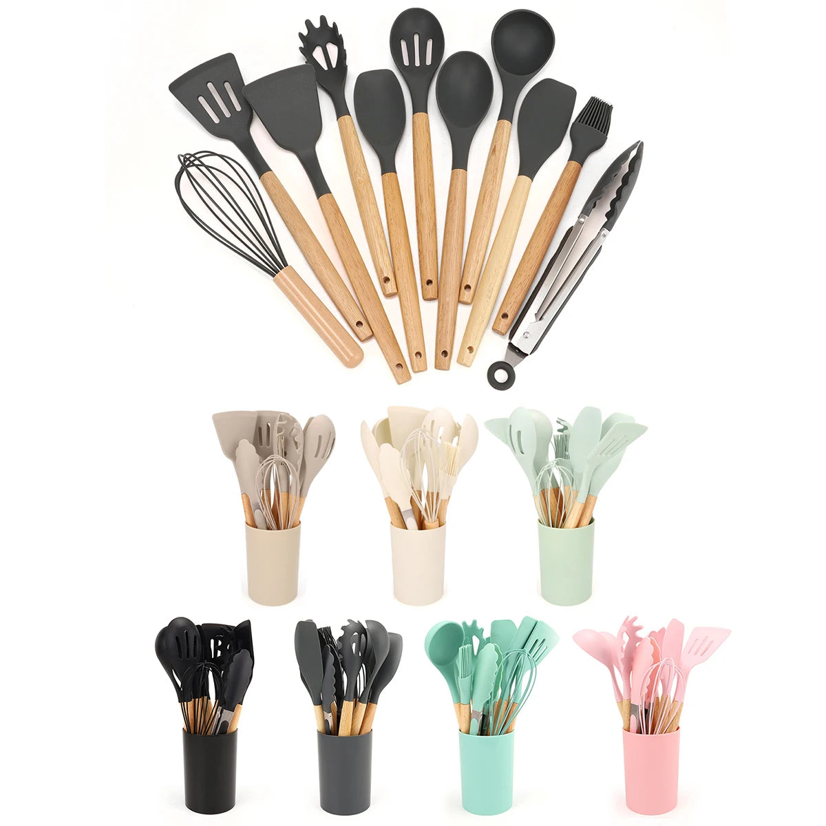 Juego de utensilios de cocina de silicona de 12 piezas con balde de almacenamiento: antiadherentes y resistentes al calor